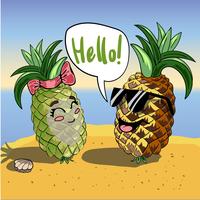 Vector background with funny pineapples in glasses and text Hello . Invitation template with cute smiling cartoon characters.