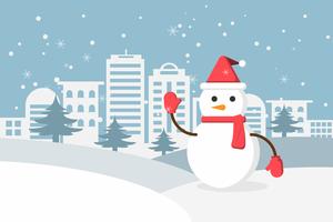 Winter snow and snowman in urban countryside with city village. Happy new year and merry christmas.  vector
