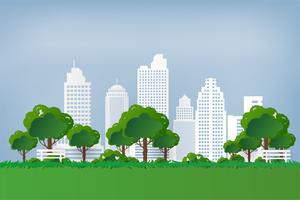 Natural view. Green Park. Green tree and grass in urban City at Sunset. paper art style. vector