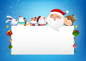 Navidad muñeco de nieve Papá Noel y dibujos animados de animales sonríen con nieve cayendo fondo 003