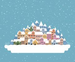 Ciudad de invierno de estilo plano con nieve cayendo y montaña 003. vector