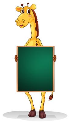 A giraffe holding an empty board 