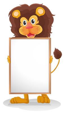 A lion smiling holding an empty board 