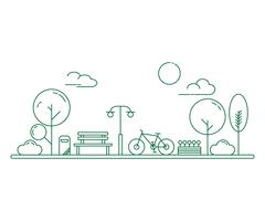 City park and wooden bench. Thin line art style illustration. Green urban public park. vector