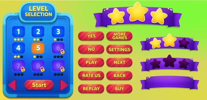 Level selection game menu scene with buttons, loading bar and stars vector