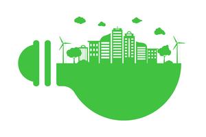 Salvar el concepto del mundo planeta tierra. Concepto del día mundial del medio ambiente. ciudad urbana moderna verde en bombilla verde, salvo el mundo, concepto de ecología vector