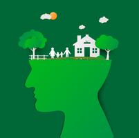 Human head with green house and happy family. Head thinking family. Family with children in the house. Couple standing outside new home.  paper art and craft style. vector