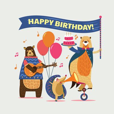 Cute Cartoon Animals Illustration for Kids Happy Birthday Party 