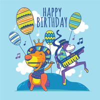 Funny Lion and Monkey with Flute and Electone Sings Song Happy Birthday to You vector