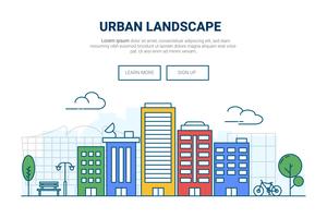 Edificio del paisaje en concepto de la ciudad. Diseño para el sitio web de la página de destino del tema urbano urbano. Thine Line art. vector