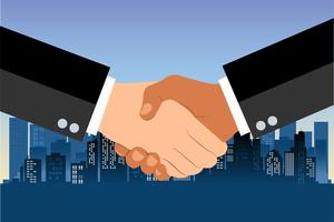 Shaking hands flat design concept. Handshake, business agreement. partnership concepts. Two hands of businessman shaking. Vector illustration on blue urban city background.