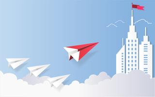 El concepto de la dirección, el avión rojo y el paisaje arquitectónico blanco del edificio con una bandera en el top, fondo del cielo azul. vector