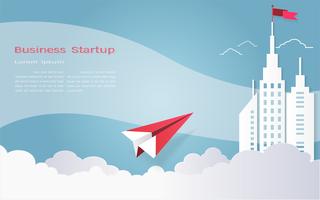 Leadership concept, Red plane and white architectural building landscape with a flag on the top, Blue sky background. vector