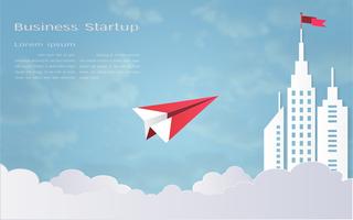 Leadership concept, Red plane and white architectural building landscape with a flag on the top, Blue sky background. vector