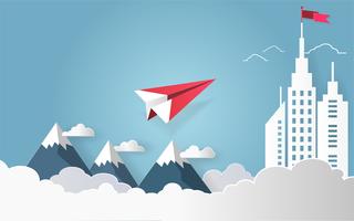 Leadership concept, Red plane flying on sky with cloud over mountain and architectural building with a flag on the top. vector