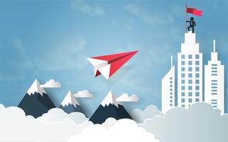 Concepto de la dirección, vuelo del avión rojo en el cielo con la nube sobre la montaña y edificio arquitectónico con el hombre en bandera que se sostiene superior. vector