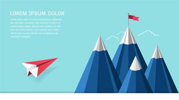 Leadership success concept, Red plane flying on sky heading to mountain with a flag on the top. vector