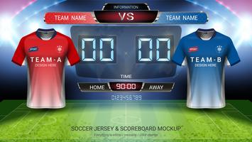 Equipo de maqueta de la camiseta de fútbol A vs equipo B, plantilla de gráfico de transmisión de partido contra marcador de cronometraje digital. vector