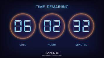 Temporizador de cuenta regresiva restante o marcador de contador de reloj con días, horas y minutos en pantalla. vector