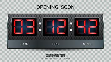 Temporizador de cuenta regresiva restante o marcador de contador de reloj con días, horas y minutos en pantalla. vector