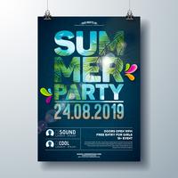 Summer Party Flyer Design with palm trees and ocean landscape in cutting Typography Letter. Vector Summer nature floral elements and tropical plants on blue cloudy sky background