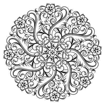 Beautiful round ornamental element for design in black and white colors. Vector illustration.