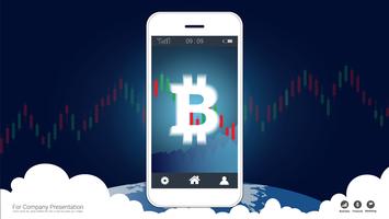 Mobile stock trading concept with bitcoin and candlestick graph charts on screen. vector