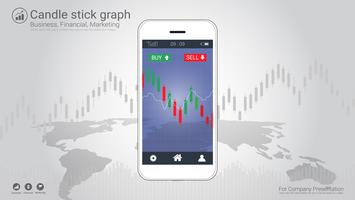 Concepto de compraventa de acciones móviles con gráficos de velas y gráficos financieros en pantalla. vector