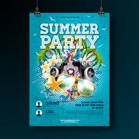 Vector Summer Party Flyer Design with flower, speaker and sun glasses on ocean blue background. Summer nature floral elements, tropical plants and typographic elements