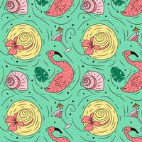 Doodle Summer Pattern With Flamingo Hat And Drink vector