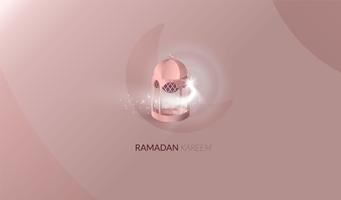 Ramadan Kareem hermosa tarjeta de felicitación. Fondo Ramadan Kareem con luna, estrellas, mezquita color rosa oro