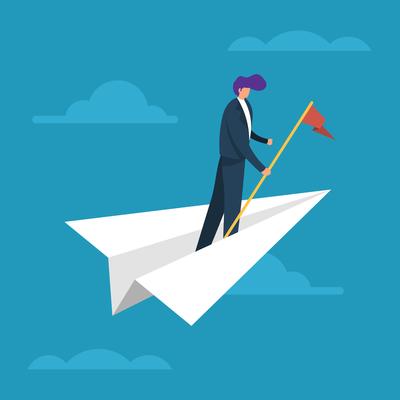 Flat Businessman Fly With Paper Plane Corporate Goal Business Goals Vector Illustration
