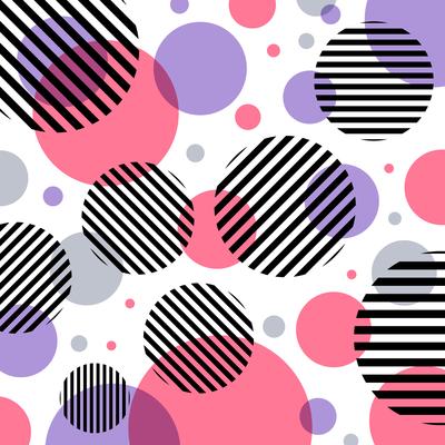 Abstract modern fashion pink and purple circles pattern with black lines diagonally on white background.