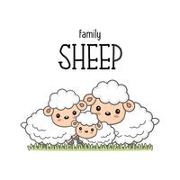 Happy sheep family. Mom dad and baby sheep cartoon on the grass.