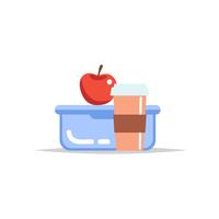 Lunchbox - meal container with coffee cup and an apple. School meal, children's lunch. Vector illustration in flat style