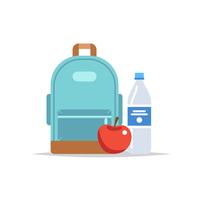 Lunchbox - backpack with a meal, water, and an apple. School meal, children's lunch. Vector illustration in flat style
