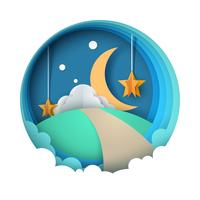 Cartoon paper night landscape. Moon, star, cloud, road. vector