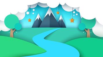 Cartoon paper landscape illustration. Mountain, star, tree, river, field. vector