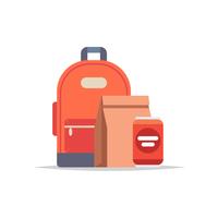 Lunchbox - backpack, paper bag with a meal, and a soda can. School meal, children's lunch. vector