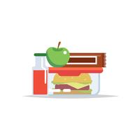 Lonchera - envase de comida con hamburguesa, manzana, barra de chocolate y jugo. Comida escolar, almuerzo infantil. vector