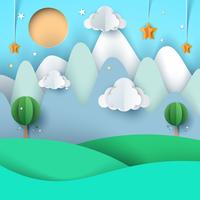 paisaje de papel de dibujos animados. Montaña, nube, estrella, árbol, sol. vector