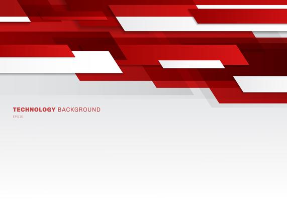 Abstract header red and white shiny geometric shapes overlapping moving technology futuristic style presentation background with copy space.