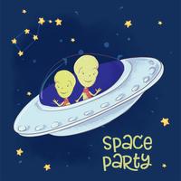 Postcard poster cosmic friends in a flying saucer. Hand drawing. Vector