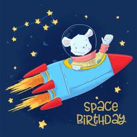 Postcard poster of cute astronaut mouse in space with constellations and stars in cartoon style. Hand drawing vector