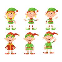 Set of cute little Christmas girls and boys elf smiling, vector illustration isolated on white background.