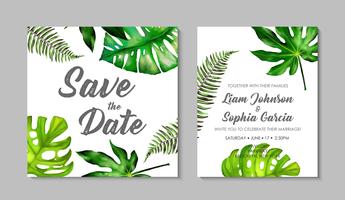 Suite de invitación de boda con exóticas hojas tropicales. vector
