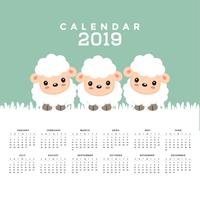 Calendar 2019 with cute sheep cartoon.  vector