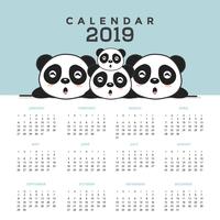 Calendar 2019 with cute pandas.  vector