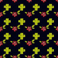 Crosses and flowers in an old-style tattoo. The day of the Dead. A seamless pattern on a black background. vector