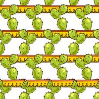 Seamless pattern of cacti and succulents in pots. vector